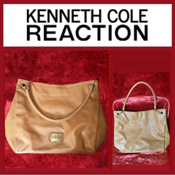 Kenneth Cole Reaction Leather Shoulder Bag Tote- Tan - braided strap- rare purse